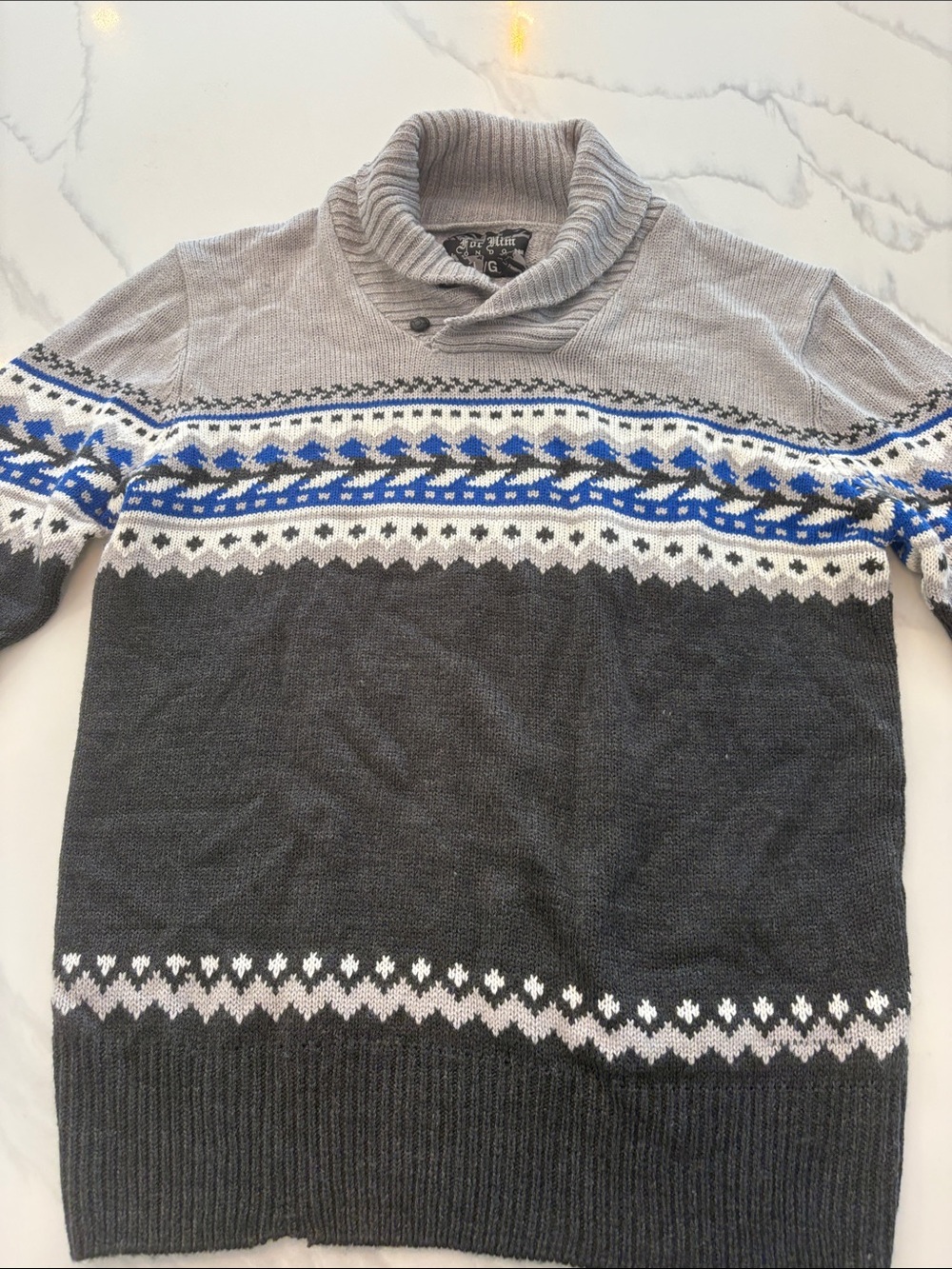 Men's Gray Shawl Turtleneck Sweater with Blue Fair Isle Detail